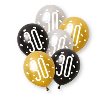 Birthday Glitz Black & Silver 30th Pearlised Latex Balloons - Pack of 6