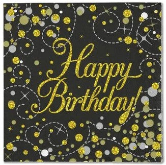 Gold Celebration Black & Gold Happy Birthday Paper Napkins - 33cm - Pack of 16