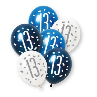 Birthday Glitz Blue 13th Pearlised Latex Balloons - Pack of 6