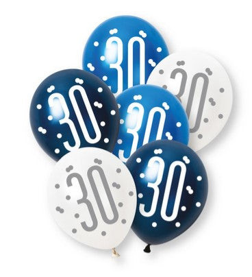 Birthday Glitz Blue 30th Pearlised Latex Balloons - Pack of 6