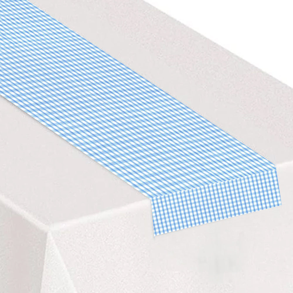 Light Blue Gingham Fabric Table Runner - 1.1m