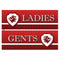Red and white sign with 'LADIES' and 'GENTS' text and shield design on a white background