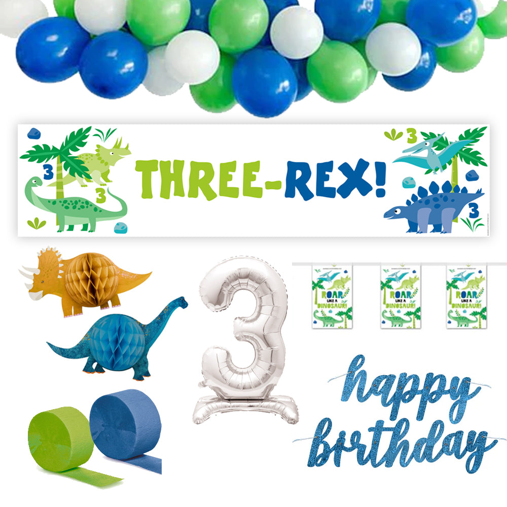 THREE-Rex 3rd Birthday Decoration Party Pack