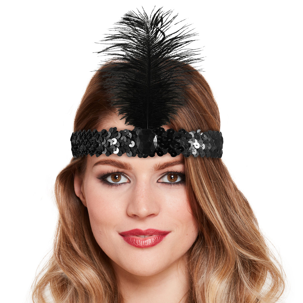 Black Charleston Flapper Sequin Feather Headband