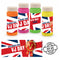 Four colorful bottles with VJ Day design on a white background