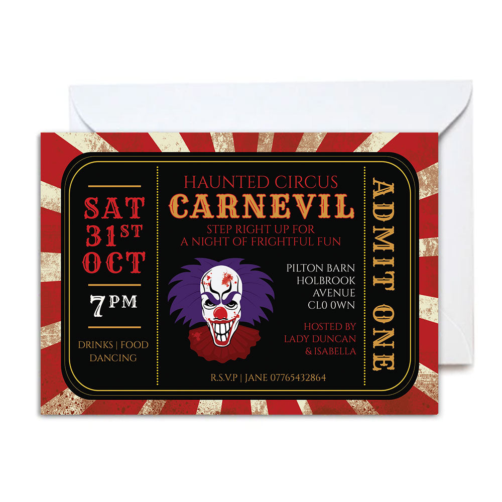 Twisted Circus Personalised Halloween Party Invitation - Pack of 16