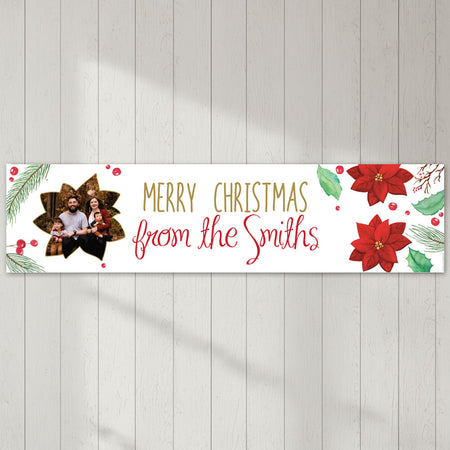 Holly & Poinsettia Christmas Personalised Photo Banner - 1.2m