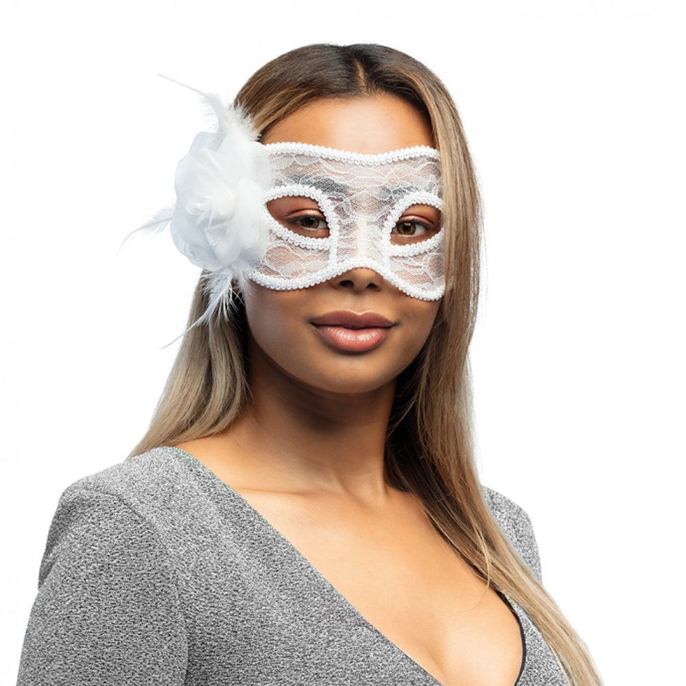 White Lace Flower Feather Venetian Masquerade Eye Mask