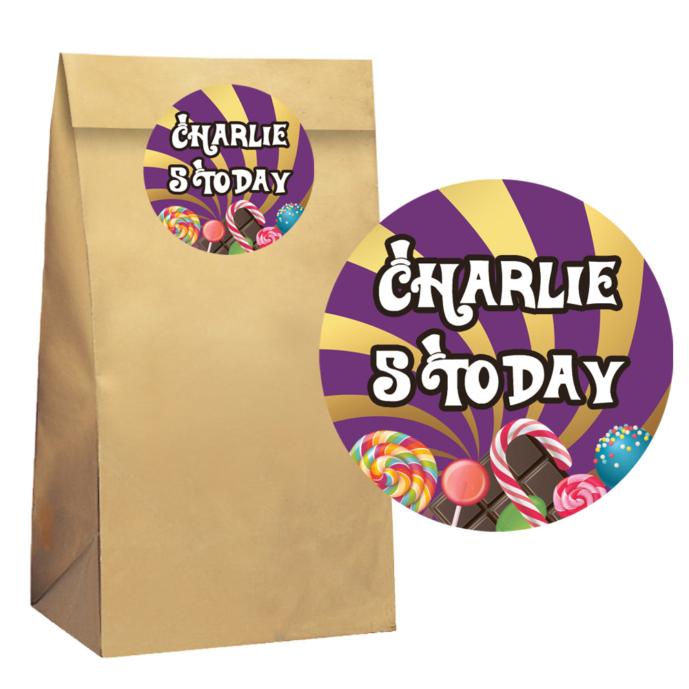 Chocolate Factory Wonka Paper Party Bags With Personalised Round Stickers - Pack of 10