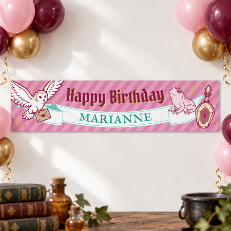 Wizard School Pink Stripe Personalised Banner - 120cm x 30cm