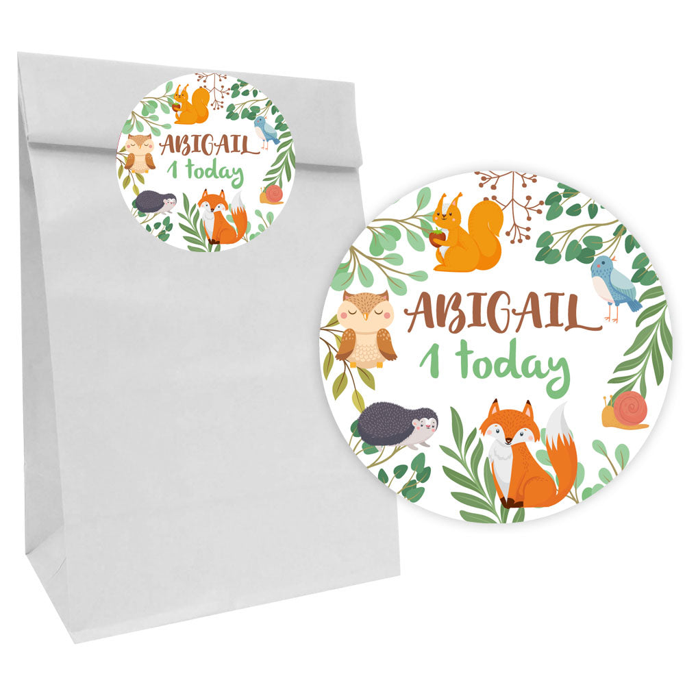 Woodland Animals Paper Party Bags with Personalised Round Stickers - Pack of 12