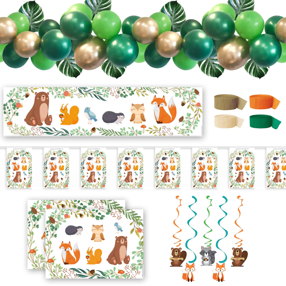 A complete party decoration pack featuring various woodland animals, balloons, banners, and tableware.