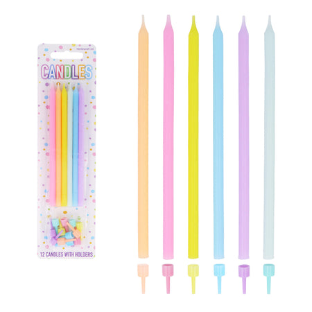 Tall Pastel Candles with Holders - Pack of 12