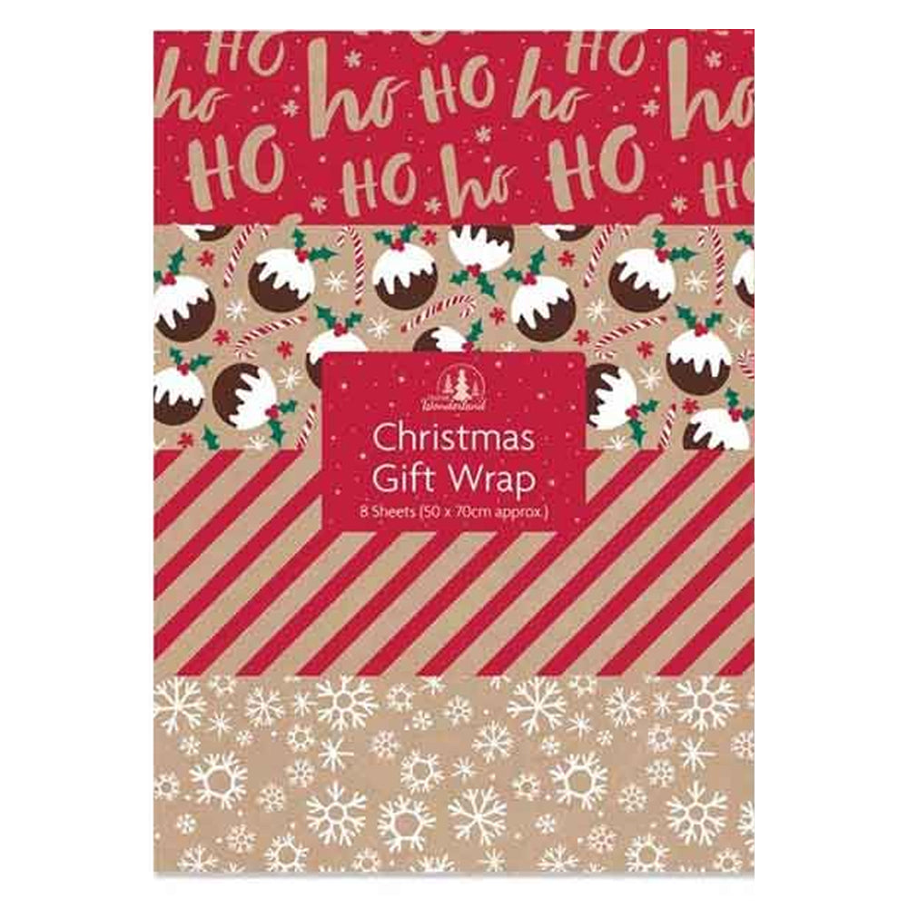 Christmas Kraft Wrapping Paper -  Festive Gift Wrap - Pack of 8 Assorted Sheets