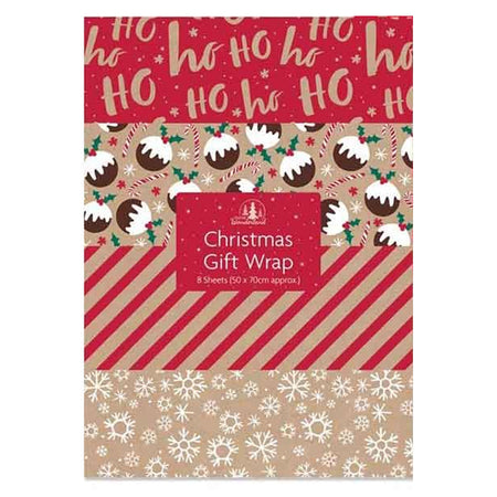 Christmas Kraft Wrapping Paper -  Festive Gift Wrap - Pack of 8 Assorted Sheets