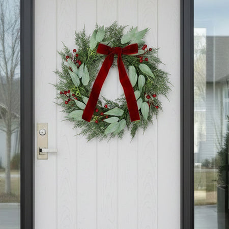 Red Berry Christmas Wreath With Red Velvet Bow - 50cm