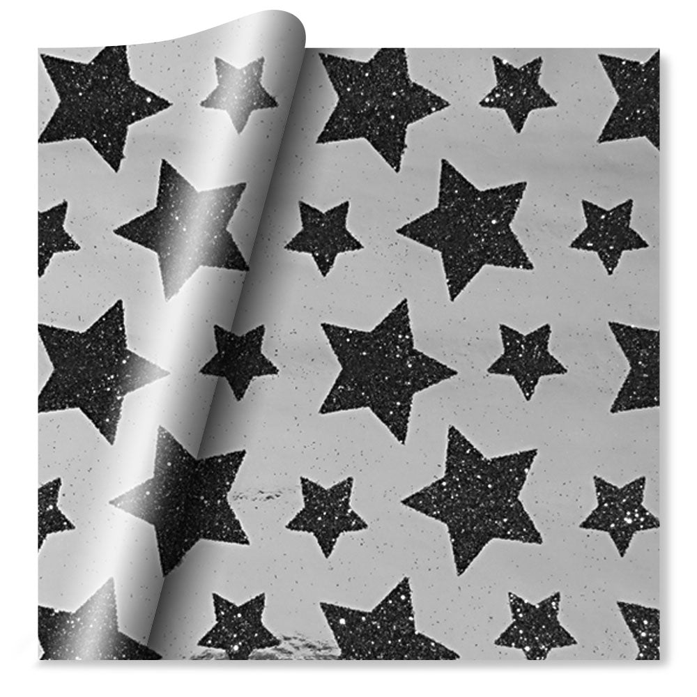 Silver Foil Black Glitter Stars Wrapping Paper - 1 Sheet - Each - 70cm