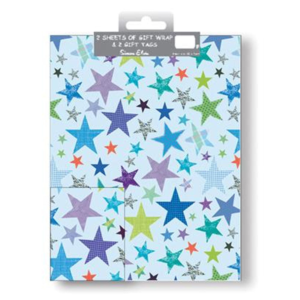 Blue Stars Wrapping Paper With Gift Tags - 2 Sheets - 70cm