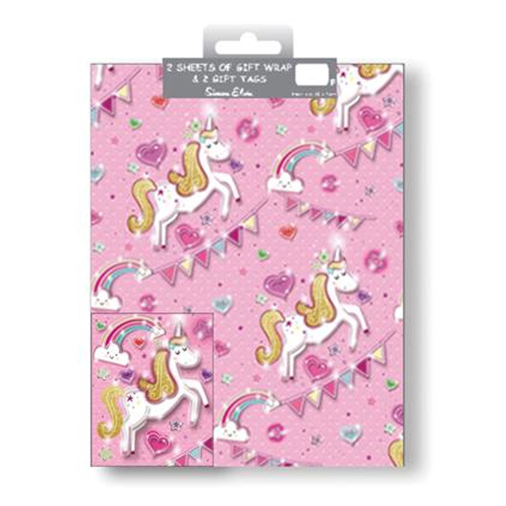 Pink Unicorns Wrapping Paper With Gift Tags - 2 Sheets - 70cm