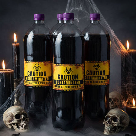 Three large plastic bottles filled with very dark liquid, each with a purple cap and a yellow caution-style label reading 'CAUTION CONTAMINATED' and 'DRINK AT YOUR OWN RISK.' The bottles are arranged in a spooky Halloween setup with candles, cobwebs, skulls, and fog against a dark background.