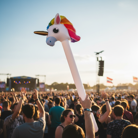 Adult Holding Inflatable Unicorn Hobby Horse High in Festival Crowd