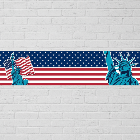 American Flag and Statue of Liberty Banner on White Brick Wall