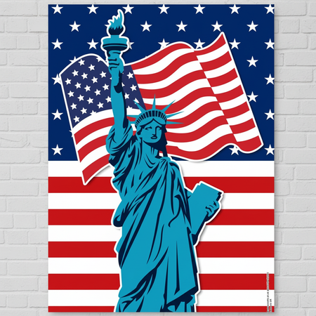 American Flag and Statue of Liberty Poster on White Brick Wall