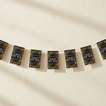 Art Deco Happy New Year Bunting on Cream Wall with Light and Shade