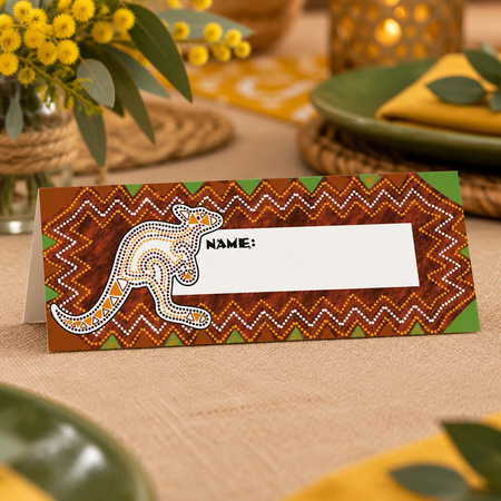 Australian kangaroo place card with yellow and green party accents