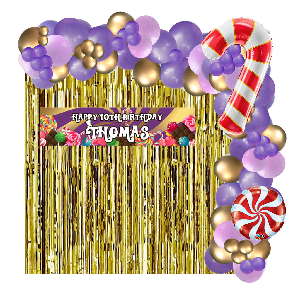 Personalised Wonka Party Backdrop Decoration DIY Kit With Balloon Garland