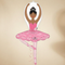Ballerina balloon with an opaque white foil area behind her head and raised arms, pink ribbon behind the balloon and a cream background