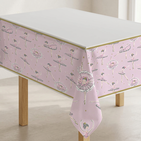 Ballerina tablecloth on a wooden-legged table in a neutral room, shown close up in square format