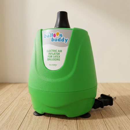Balloon Buddy inflator with a wood floor and neutral wall background in square format