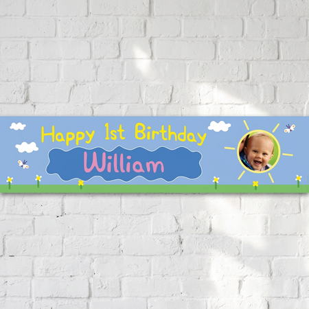 Birthday photo banner on a white brick wall with natural light and shade, in square format