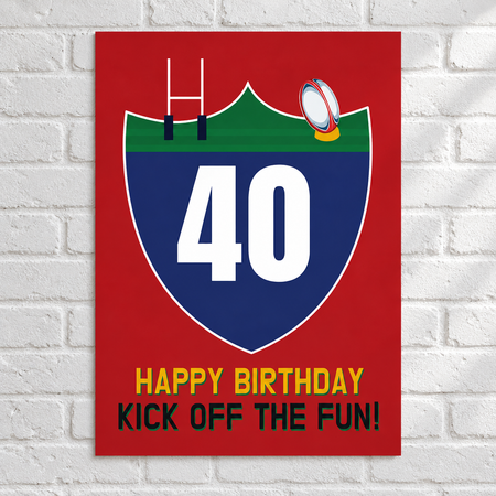 Birthday rugby poster on a white brick wall with soft light and shade, in square format