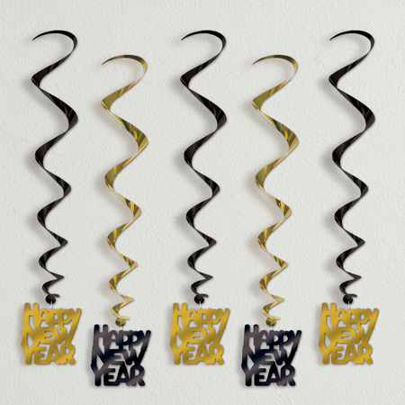 Black and gold Happy New Year swirls against an off-white wall