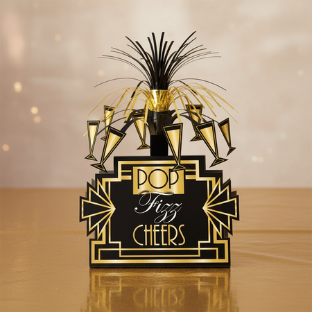Black and gold Pop Fizz Cheers centrepiece