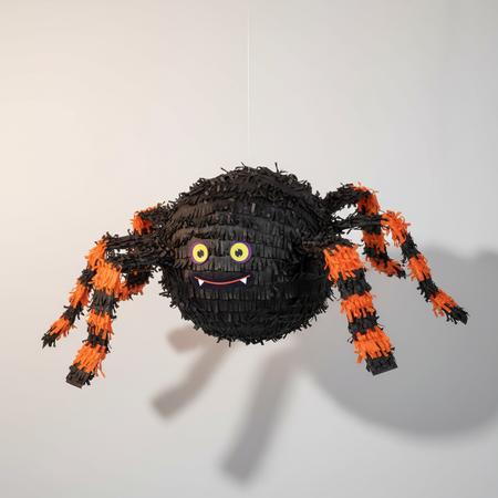 Black and Orange Spider Piñata Hanging with Neutral Background