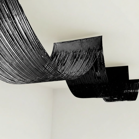 Black Foil Fringe Ceiling Curtain - Angled View