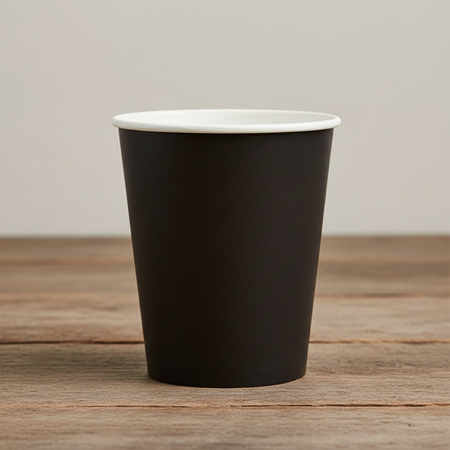 Black paper cup on wood table minimal background