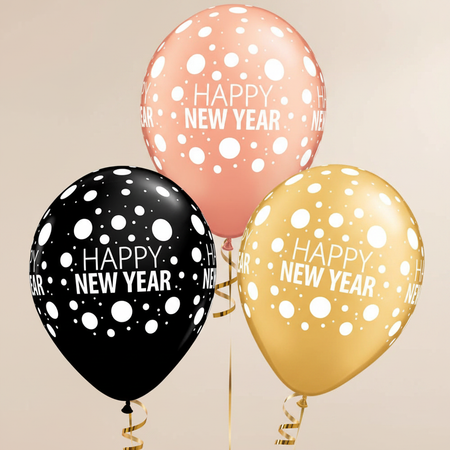 Black, rose gold and gold New Year balloons with gold ribbon