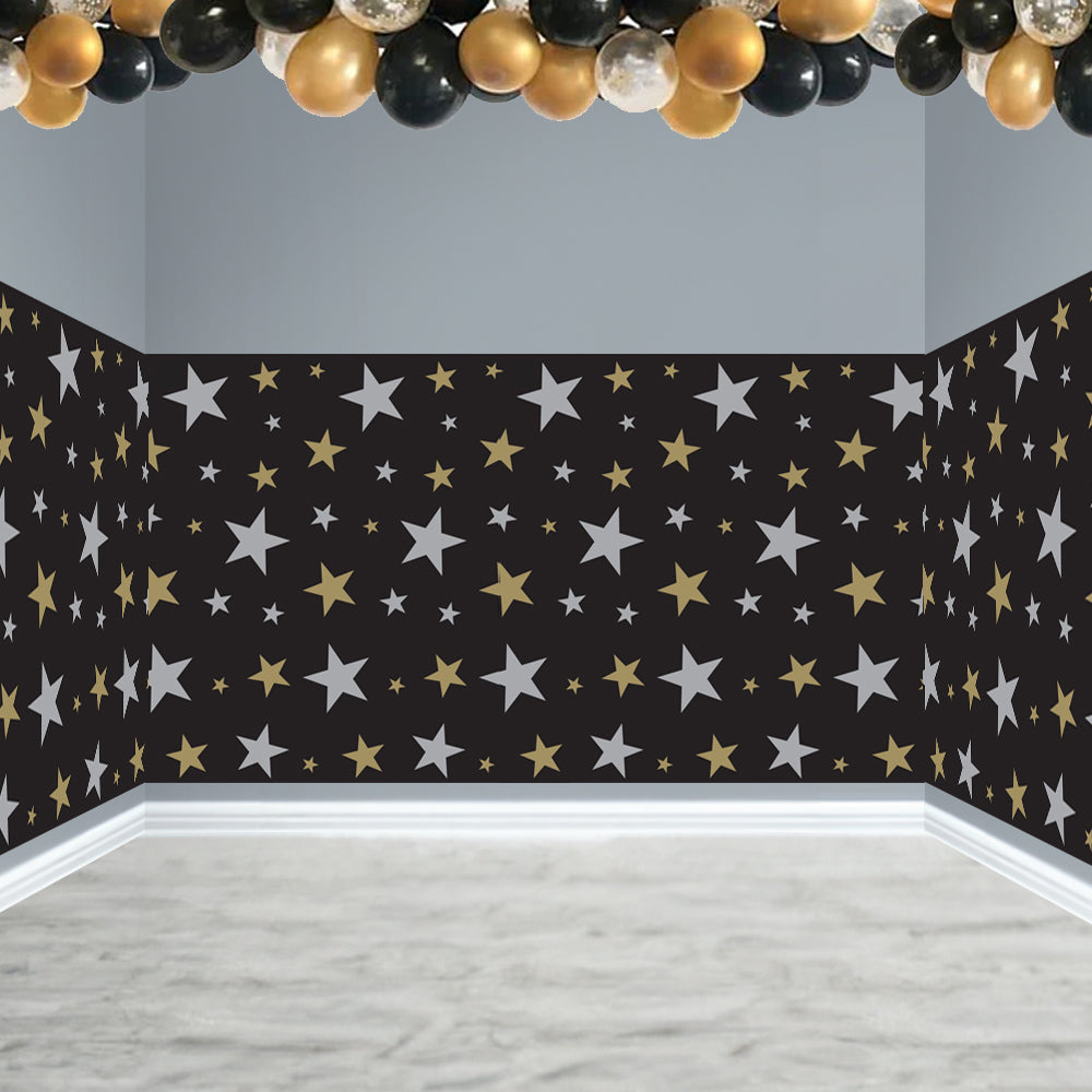 Black, Silver & Gold Star Backdrop Decoration - 9.14m
