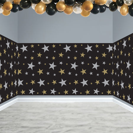 Black, Silver & Gold Star Backdrop Decoration - 9.14m