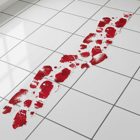 Bloody Footprints on White Tiled Floor