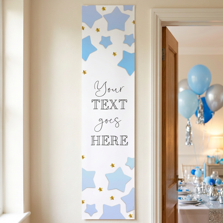 Blue stars banner on a cream wall beside an open doorway into a blue and silver celebration, in square format