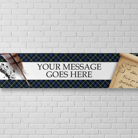Blue tartan banner hung against a white brick wall