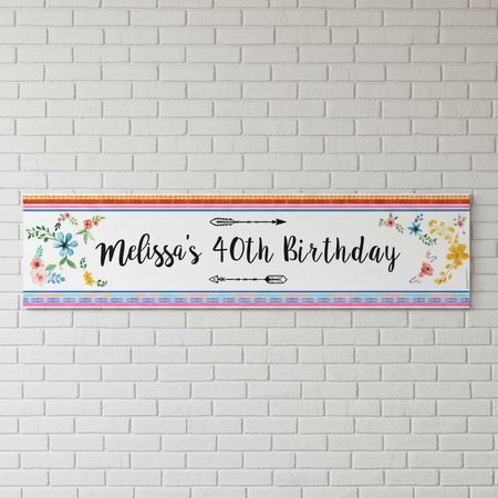 Boho Birthday Banner Full View Brick Wall
