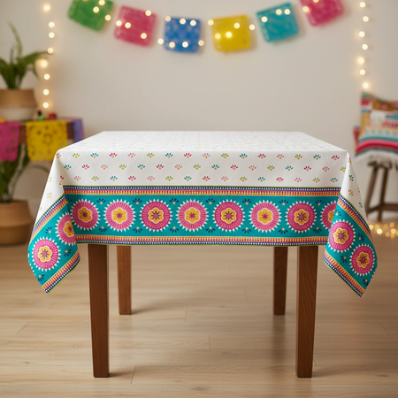 Boho Fiesta Tablecloth on Table with Party Background