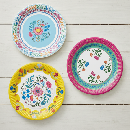 Boho Floral Paper Plates Flat Lay on Whitewashed Wood Table