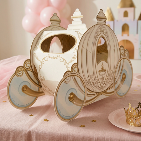 Carriage centrepiece with pink and gold princess-party surroundings, in square format